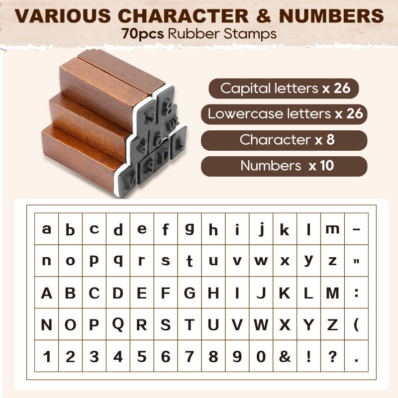UCEC 70pcs Alphabet Stamps for Clay, Rubber Letter Stamps for Crafting, Wooden Letter Number and Symbol Stamp Set for Scrapbooking Supplies DIY Craft Card Making - Image 5